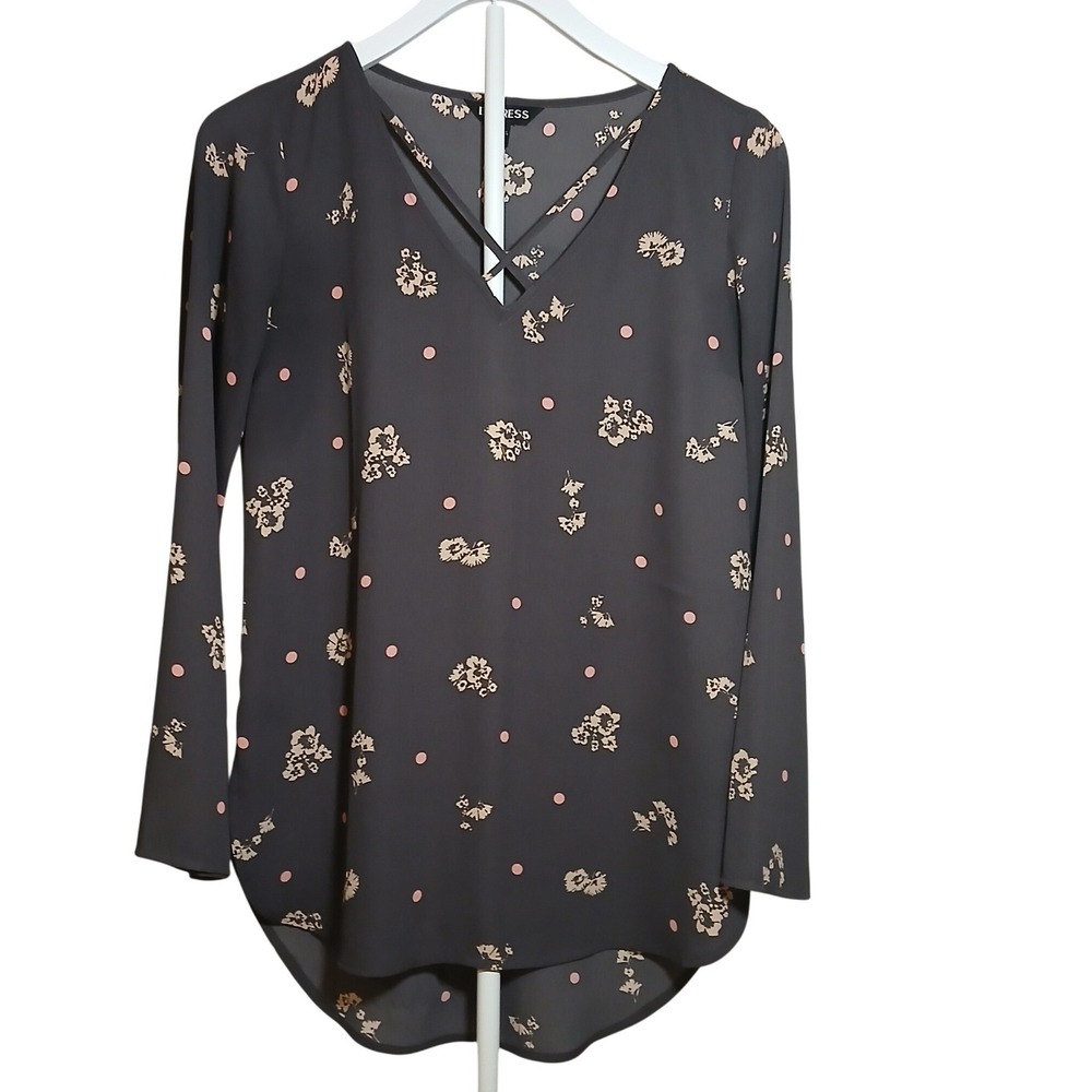 Express Womens Floral Polka Dot V-Neck Crisscross Blouse Charcoal Gray XS